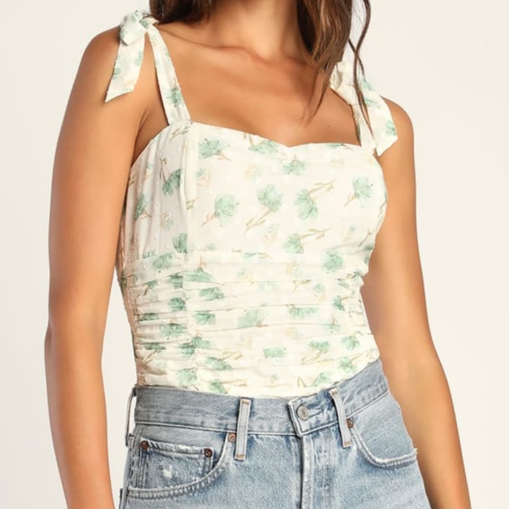 NWT Lulus Romance Everlasting Ivory Floral Tie-Strap Bodysuit